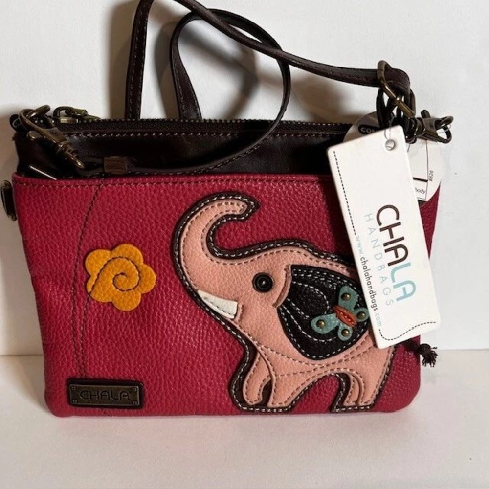 Chala Handbags Crossbody Bag Womens Burgundy Elephant Butterfly Faux Leather